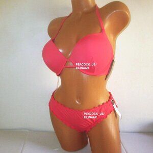 38DD/L VICTORIA SECRET Bombshell Push Up Top Bikini +2 Cup Ruffle Cheeky Coral